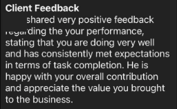 Cropped client feedback message with sender and recipient details removed